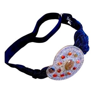 IONE braided cord belt with oversized silver paisley buckle with 12 stones VTG L